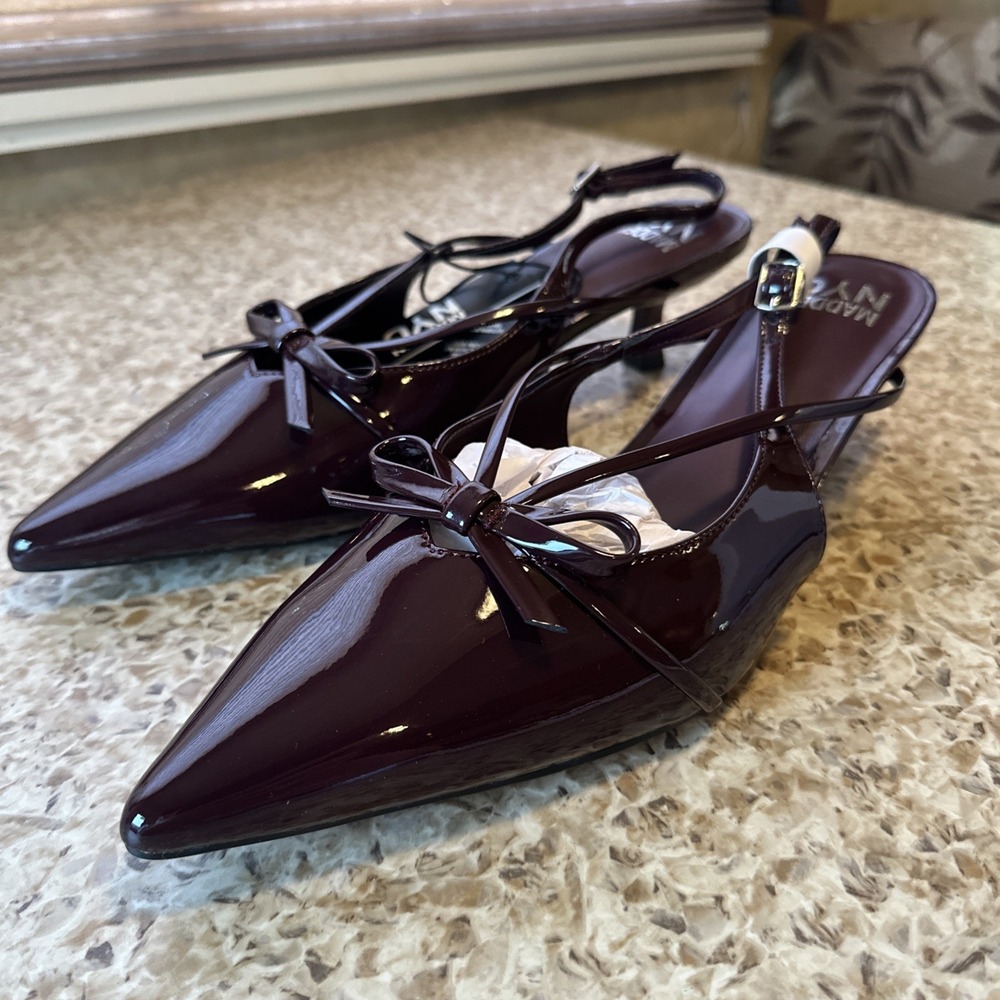 Madden NYC Burgundy Pointed Toe Leather Bow Mule Heels Buckle Strap Women 11